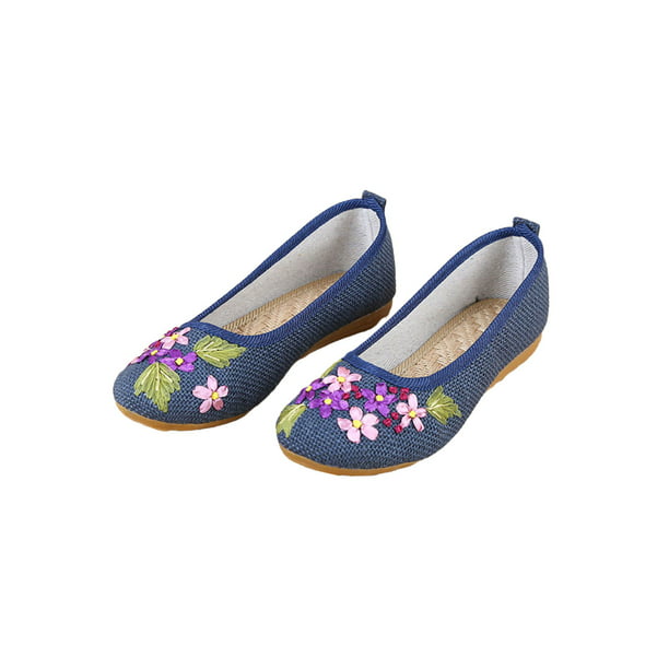 Embroidery Chinese Women Slip On Loafers Cotton Linen Nurse Square Dance Shoes 